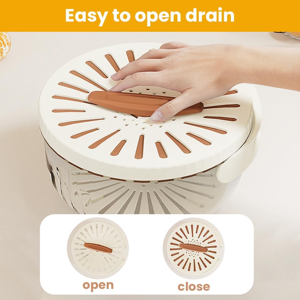 Multifunctional Fruit and Vegetable Washing Bowl, 2025 Upgraded Fruit Drainer Container with Handle and Cover, 2 in 1 Drainer, Bilayer Collapsible Fruit Washing Basket (Brown)