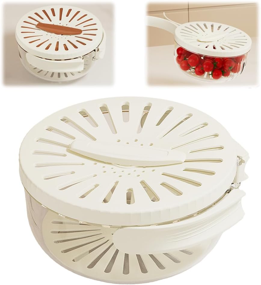Multifunctional Fruit and Vegetable Washing Bowl, 2025 Upgraded Fruit Drainer Container with Handle and Cover, 2 in 1 Drainer, Bilayer Collapsible Fruit Washing Basket (Brown)