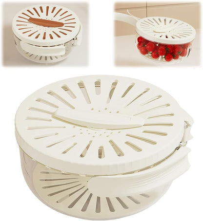 Multifunctional Fruit and Vegetable Washing Bowl, 2025 Upgraded Fruit Drainer Container with Handle and Cover, 2 in 1 Drainer, Bilayer Collapsible Fruit Washing Basket (Brown)