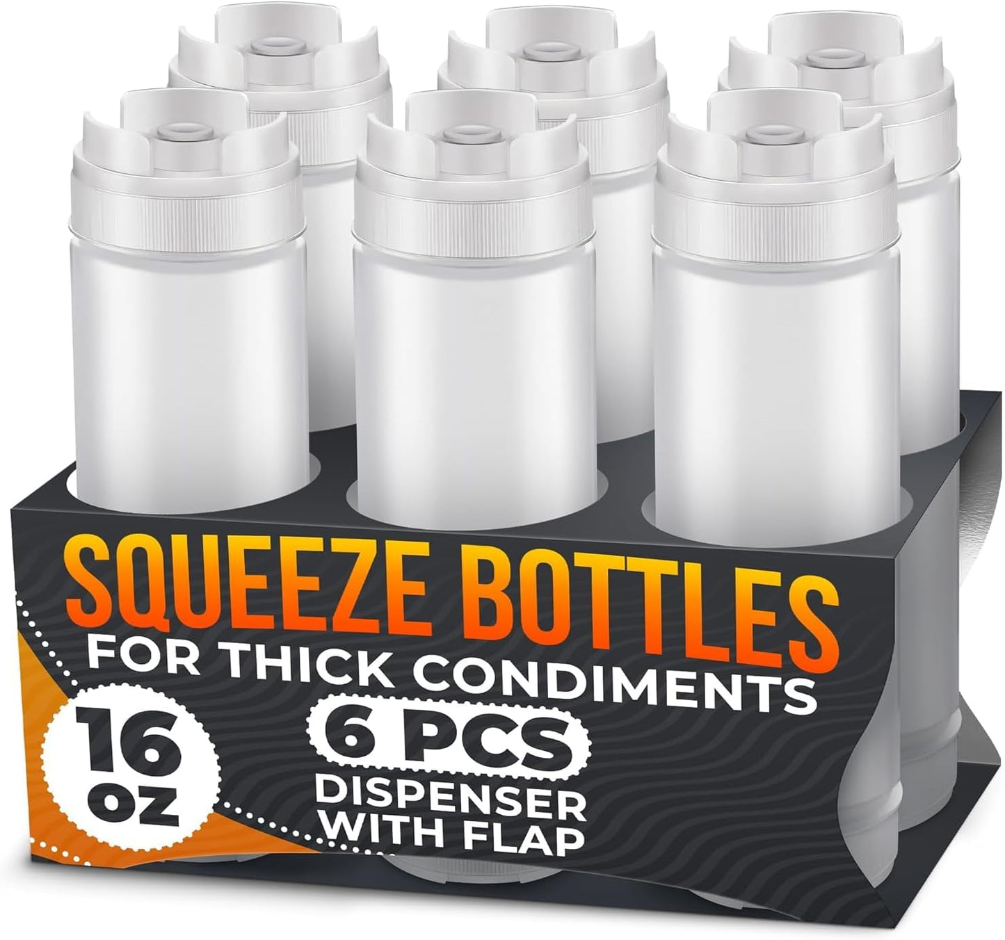 6 Pcs Condiment Squeeze Bottles for Sauces, 16 Oz, Self-Closing | Set of 6 Sauce Bottles with Wide Mouth, Flexible, Double-Cap Lids and Transparent Body, for Ketchup, Dressings and Condiments