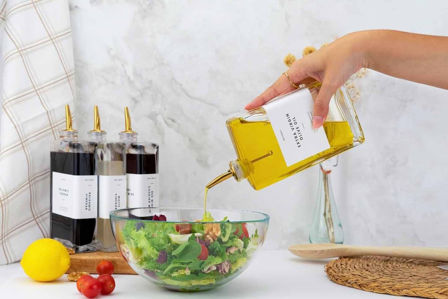 Olive Oil Dispenser Bottle for Kitchen, Automatic Pourer, Glass Thin Bottle Dispenser for Kitchen, Olive Oil Cruet, | Set of 2 - Gold