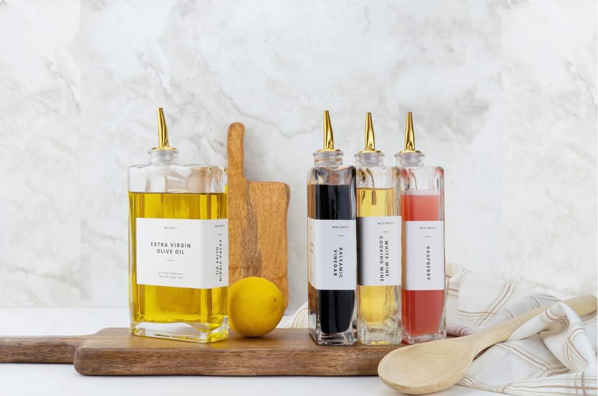 Olive Oil Dispenser Bottle for Kitchen, Automatic Pourer, Glass Thin Bottle Dispenser for Kitchen, Olive Oil Cruet, | Set of 2 - Gold