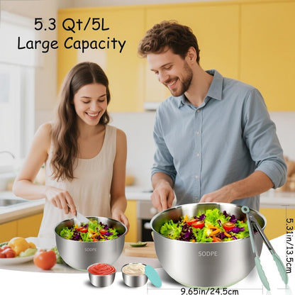Stainless Steel Salad Spinner Large with 5 Blades Slicer, Lettuce Washer Spinner and Dryer, Vegetable Fruits Chopper Bowl, Egg Yolk Strainer Comes with Dipping Saucers and Clip, 5.3Qt
