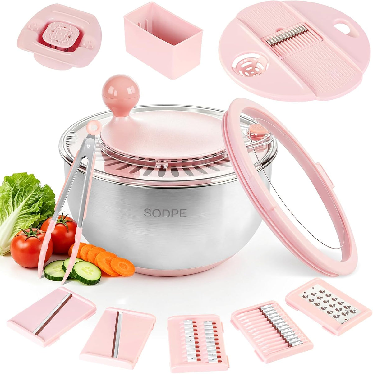 Stainless Steel Salad Spinner Large with 5 Blades Slicer, Lettuce Washer Spinner and Dryer, Vegetable Fruits Chopper Bowl, Egg Yolk Strainer Comes with Dipping Saucers and Clip, 5.3Qt