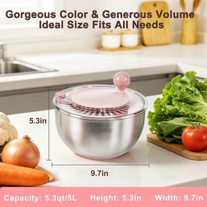 Stainless Steel Salad Spinner Large with 5 Blades Slicer, Lettuce Washer Spinner and Dryer, Vegetable Fruits Chopper Bowl, Egg Yolk Strainer Comes with Dipping Saucers and Clip, 5.3Qt