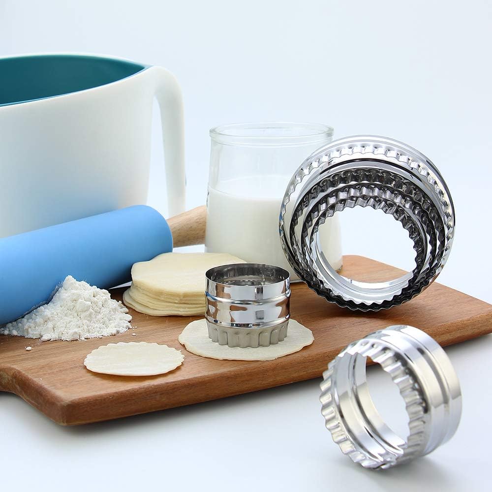 Fluted Cookie Cutters- Round Biscuit Cutters Set of 6 Pieces, Double Sided Fluted and Plain Edge Cookie Cutters, Stainless Steel | Stainless Steel, Double Sided, Fluted and Plain Edge