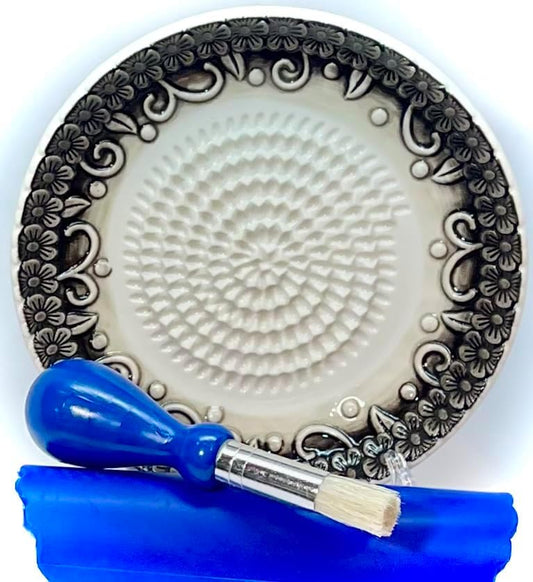 Premium Ceramic Garlic Grater Plate Set - Black Embossed | Includes 5.25" Plate, Peeler, Brush, and Stand - For Strawberries, Ginger, Chocolate, Cheese, and more - Make your own puree!