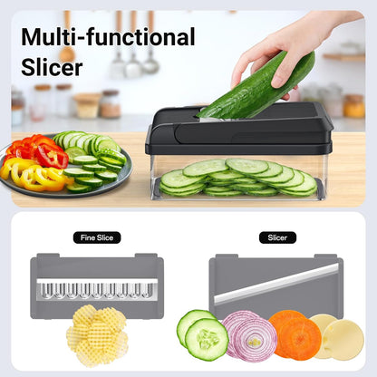 12-in-1 Vegetable Chopper with 7 Blades, Food Veggie Cutter, Mandoline Gray | Includes Egg Separator, Food Container and Finger Guard, Non-slip Base, for Chopping, Slicing, Shredding, and Mincing