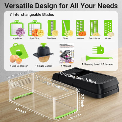 12-in-1 Vegetable Chopper with 7 Blades, Food Veggie Cutter, Mandoline Gray | Includes Egg Separator, Food Container and Finger Guard, Non-slip Base, for Chopping, Slicing, Shredding, and Mincing