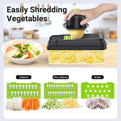 12-in-1 Vegetable Chopper with 7 Blades, Food Veggie Cutter, Mandoline Gray | Includes Egg Separator, Food Container and Finger Guard, Non-slip Base, for Chopping, Slicing, Shredding, and Mincing