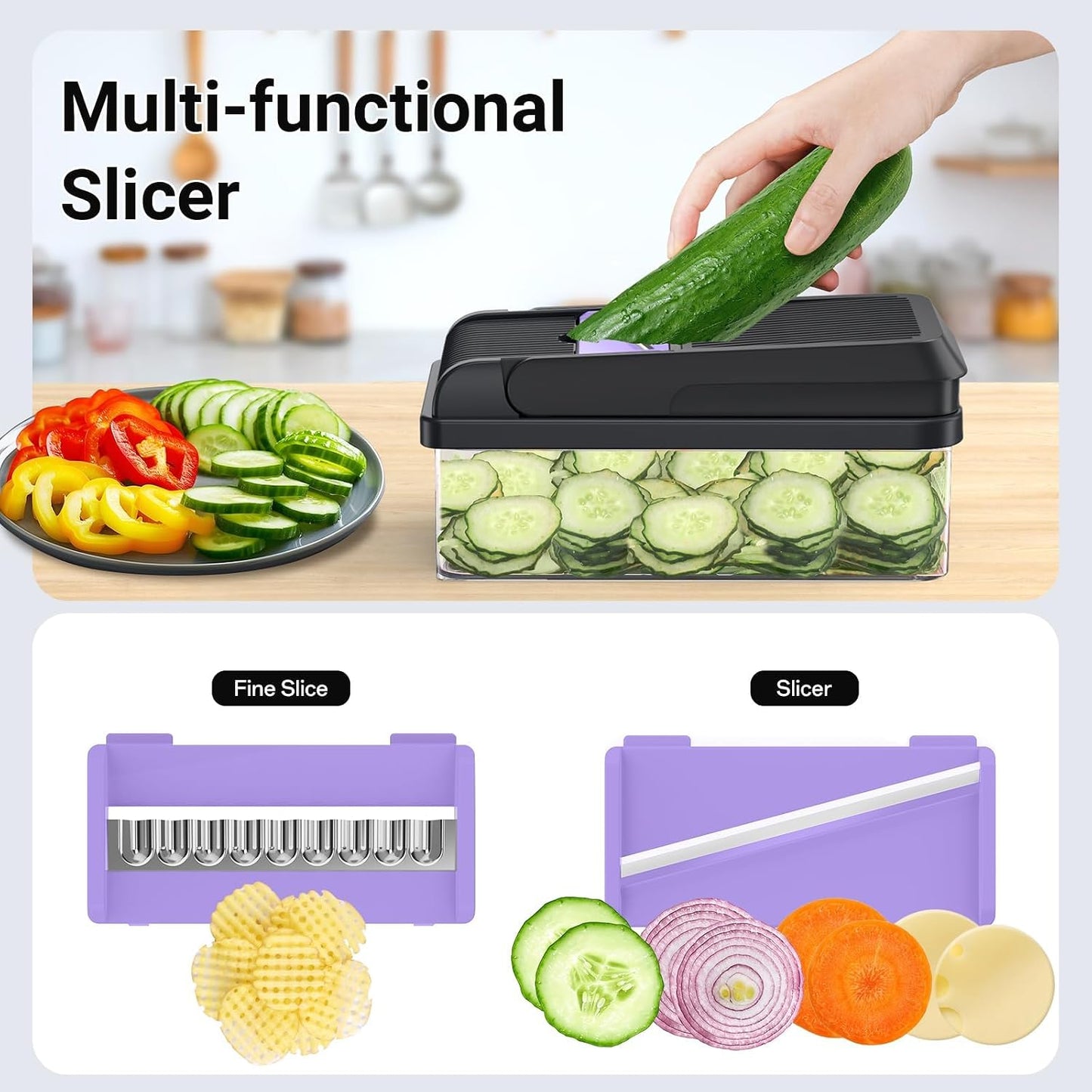 12-in-1 Vegetable Chopper with 7 Blades, Food Veggie Cutter, Mandoline Gray | Includes Egg Separator, Food Container and Finger Guard, Non-slip Base, for Chopping, Slicing, Shredding, and Mincing