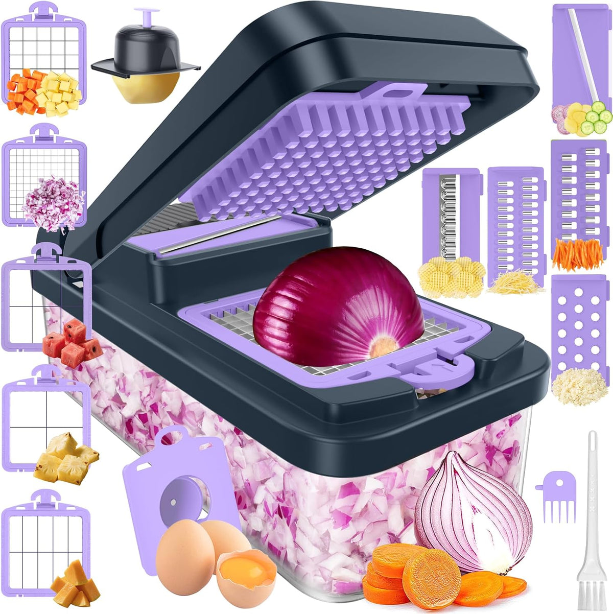 12-in-1 Vegetable Chopper with 7 Blades, Food Veggie Cutter, Mandoline Gray | Includes Egg Separator, Food Container and Finger Guard, Non-slip Base, for Chopping, Slicing, Shredding, and Mincing
