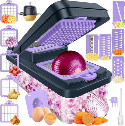 12-in-1 Vegetable Chopper with 7 Blades, Food Veggie Cutter, Mandoline Gray | Includes Egg Separator, Food Container and Finger Guard, Non-slip Base, for Chopping, Slicing, Shredding, and Mincing