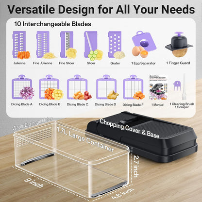 12-in-1 Vegetable Chopper with 7 Blades, Food Veggie Cutter, Mandoline Gray | Includes Egg Separator, Food Container and Finger Guard, Non-slip Base, for Chopping, Slicing, Shredding, and Mincing
