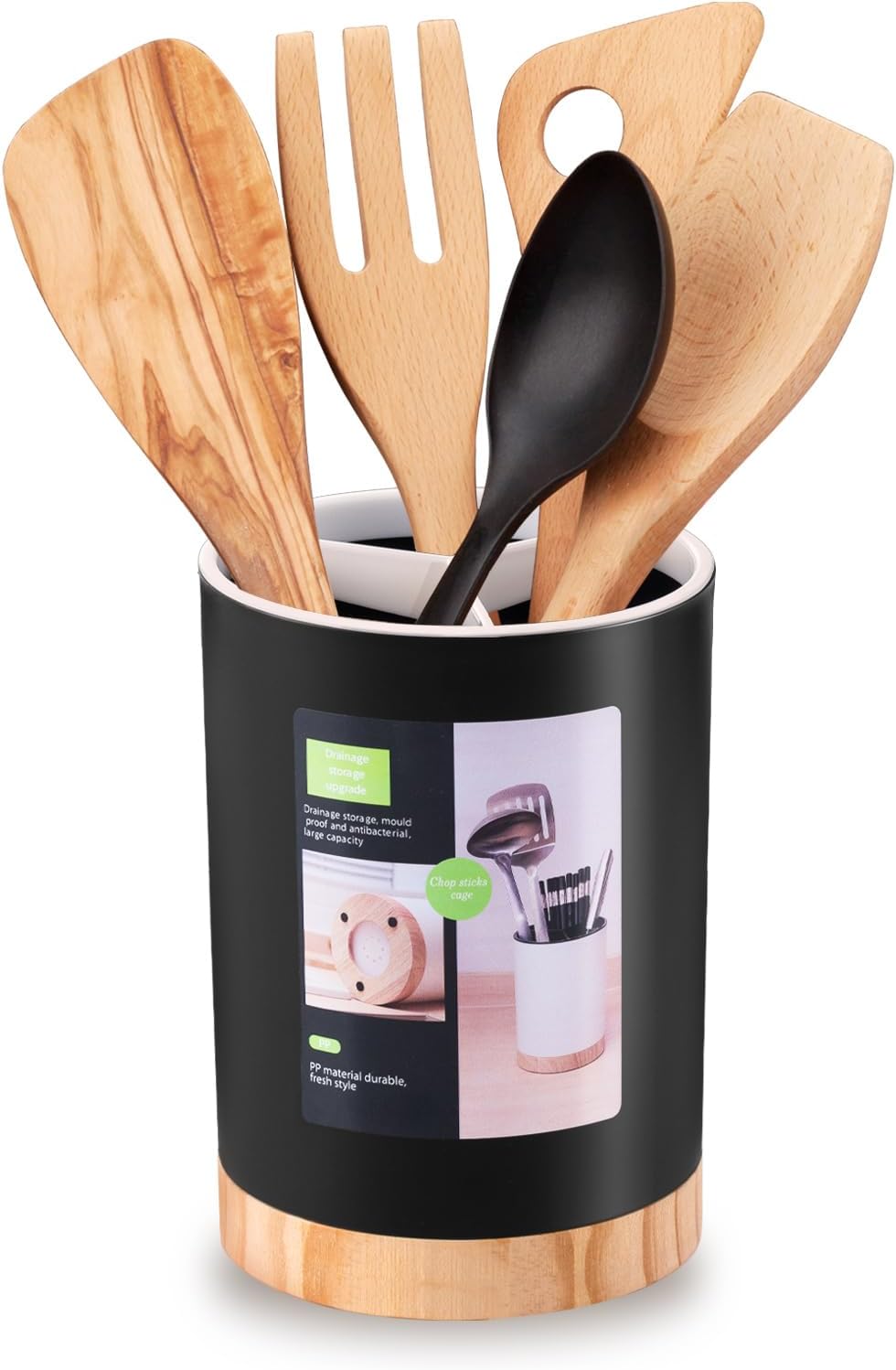 Kitchen Utensil Holder Tableware Storage Bucket, Spoon Chopsticks Fork Drain Rack Utensil Crock for Counter, Household 3-Format Tableware Drainer with Removable Divider and Wooden Base