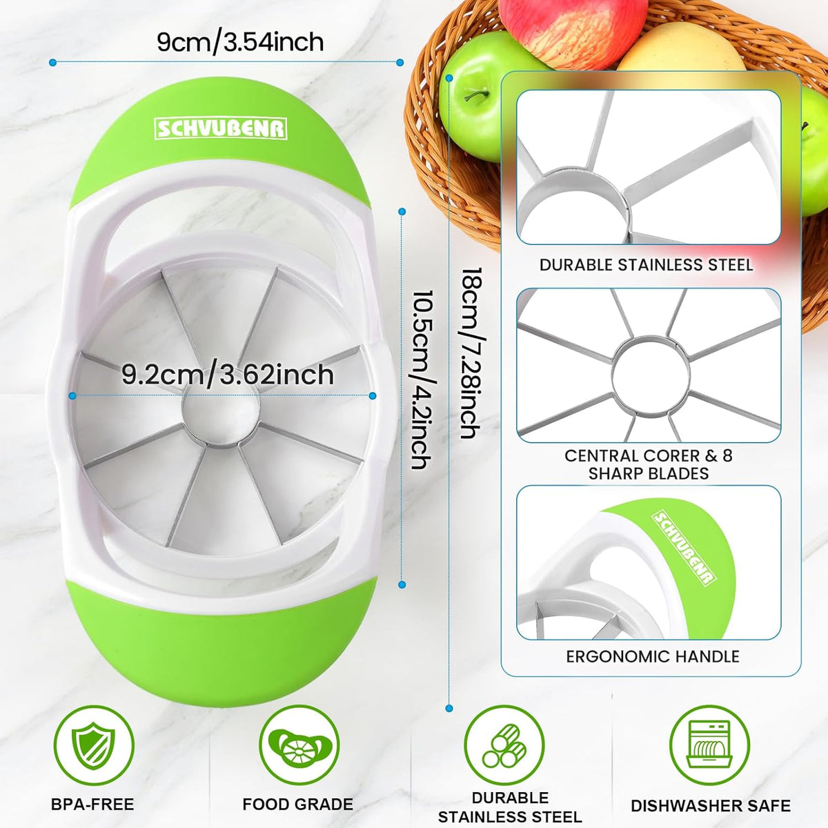 3.5 Inch Apple Slicer with 8 Sharp Blades - Professional Apple Cutter - Stainless Steel Apple Corer - Super Sharp Apple Slicer and Corer - Slice Apple with Ease(Green)