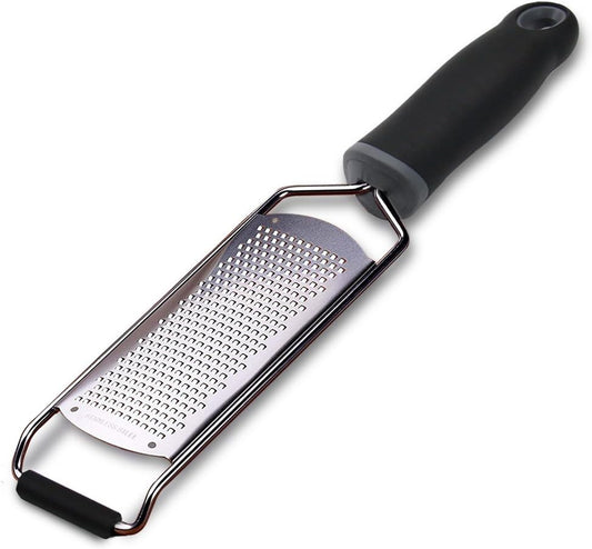 Wide Lemon Zester & Cheese Grater, 18/8 Stainless Steel with Cover, Black | Extra-wide Fine Grating Surface for Citrus, Parmesan, Ginger and Garlic, 18/8 Stainless Steel Blade, Non-slip Top Pads, Cover