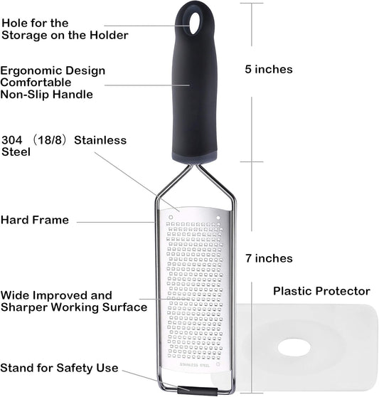 Wide Lemon Zester & Cheese Grater, 18/8 Stainless Steel with Cover, Black | Extra-wide Fine Grating Surface for Citrus, Parmesan, Ginger and Garlic, 18/8 Stainless Steel Blade, Non-slip Top Pads, Cover