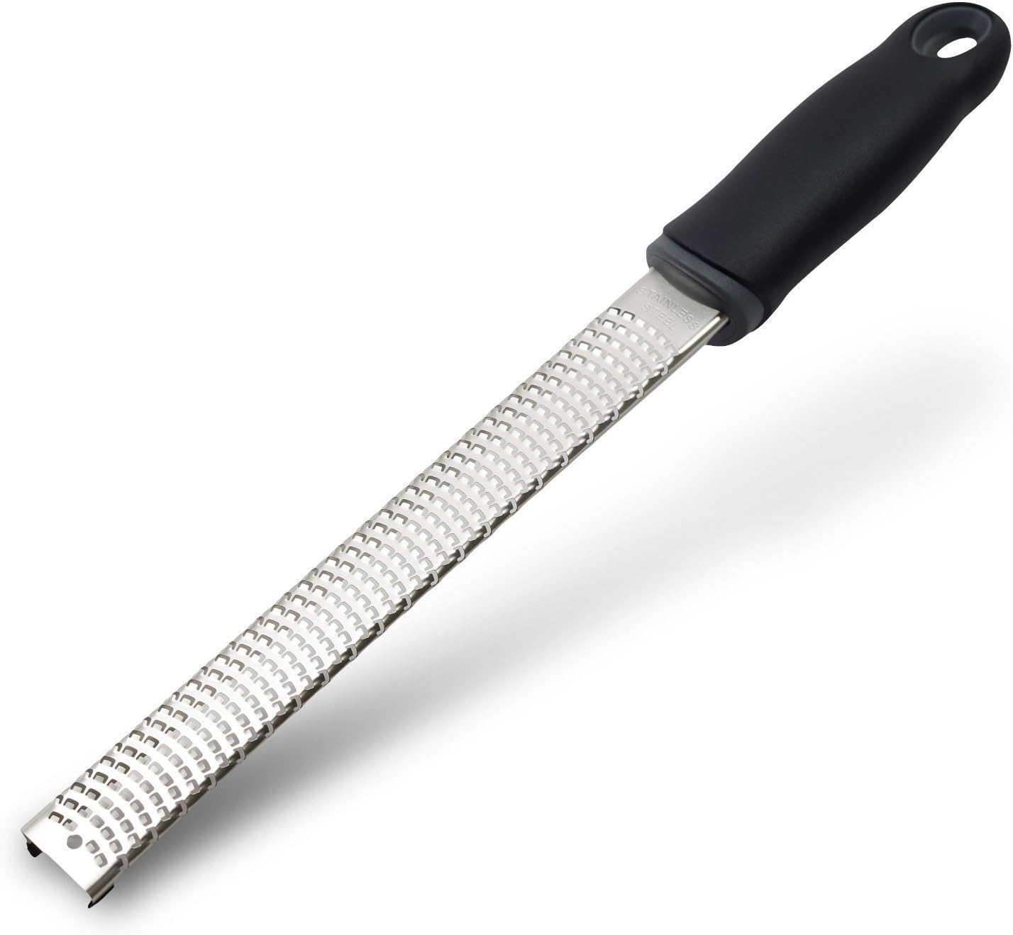 Wide Lemon Zester & Cheese Grater, 18/8 Stainless Steel with Cover, Black | Extra-wide Fine Grating Surface for Citrus, Parmesan, Ginger and Garlic, 18/8 Stainless Steel Blade, Non-slip Top Pads, Cover