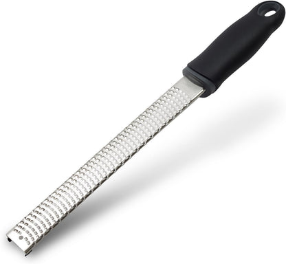 Wide Lemon Zester & Cheese Grater, 18/8 Stainless Steel with Cover, Black | Extra-wide Fine Grating Surface for Citrus, Parmesan, Ginger and Garlic, 18/8 Stainless Steel Blade, Non-slip Top Pads, Cover