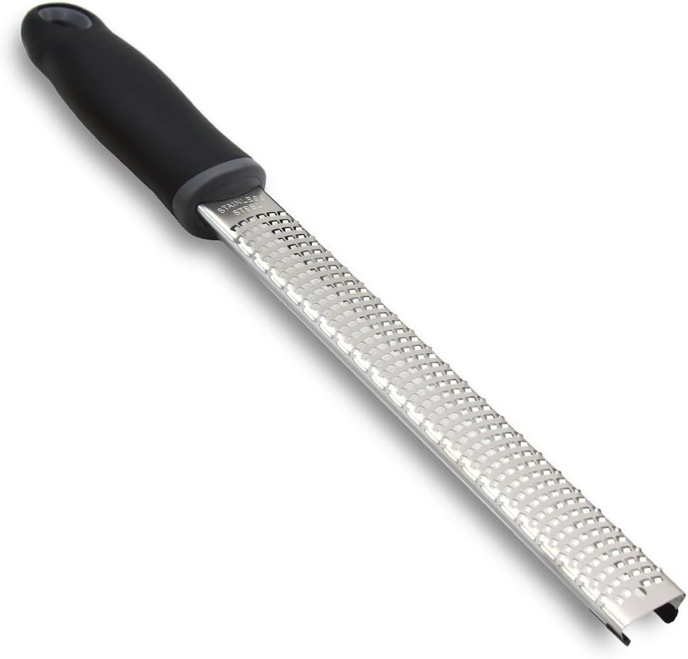 Wide Lemon Zester & Cheese Grater, 18/8 Stainless Steel with Cover, Black | Extra-wide Fine Grating Surface for Citrus, Parmesan, Ginger and Garlic, 18/8 Stainless Steel Blade, Non-slip Top Pads, Cover