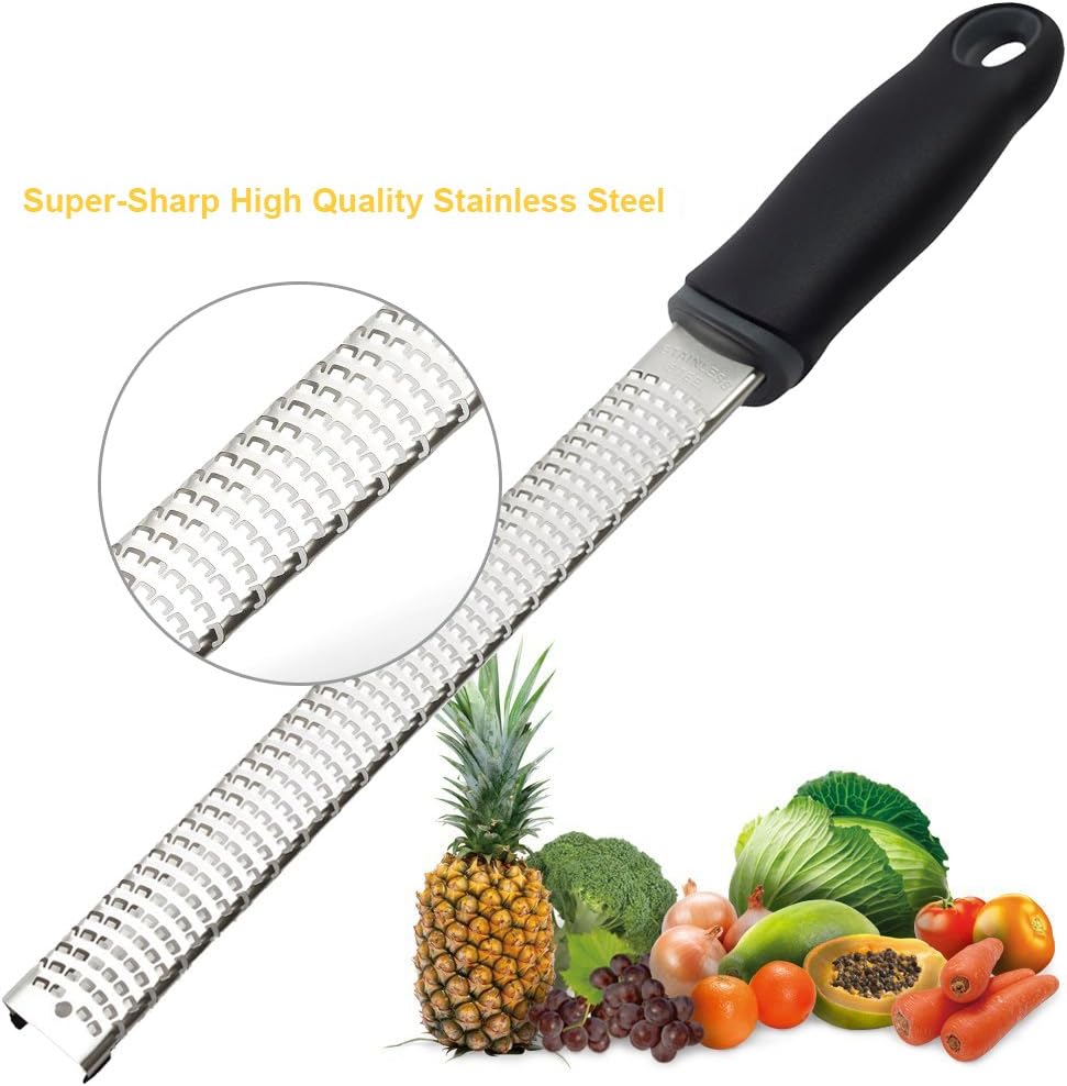 Wide Lemon Zester & Cheese Grater, 18/8 Stainless Steel with Cover, Black | Extra-wide Fine Grating Surface for Citrus, Parmesan, Ginger and Garlic, 18/8 Stainless Steel Blade, Non-slip Top Pads, Cover
