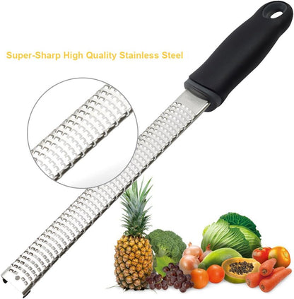 Wide Lemon Zester & Cheese Grater, 18/8 Stainless Steel with Cover, Black | Extra-wide Fine Grating Surface for Citrus, Parmesan, Ginger and Garlic, 18/8 Stainless Steel Blade, Non-slip Top Pads, Cover