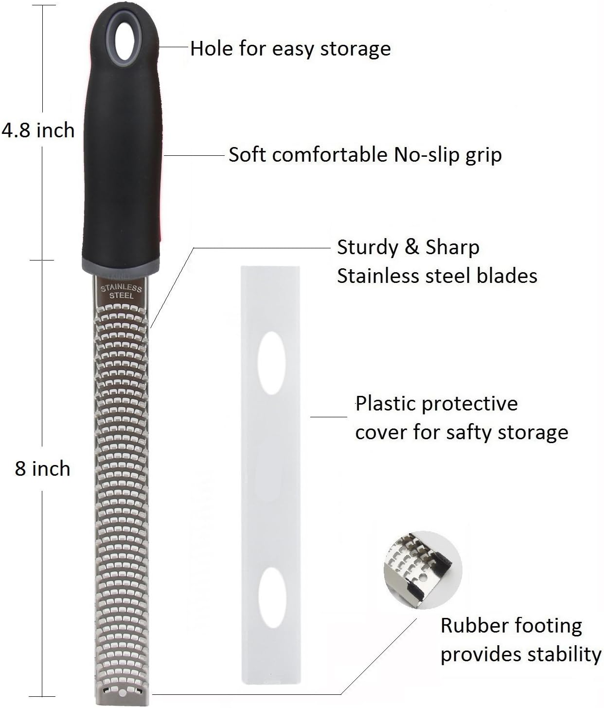Wide Lemon Zester & Cheese Grater, 18/8 Stainless Steel with Cover, Black | Extra-wide Fine Grating Surface for Citrus, Parmesan, Ginger and Garlic, 18/8 Stainless Steel Blade, Non-slip Top Pads, Cover