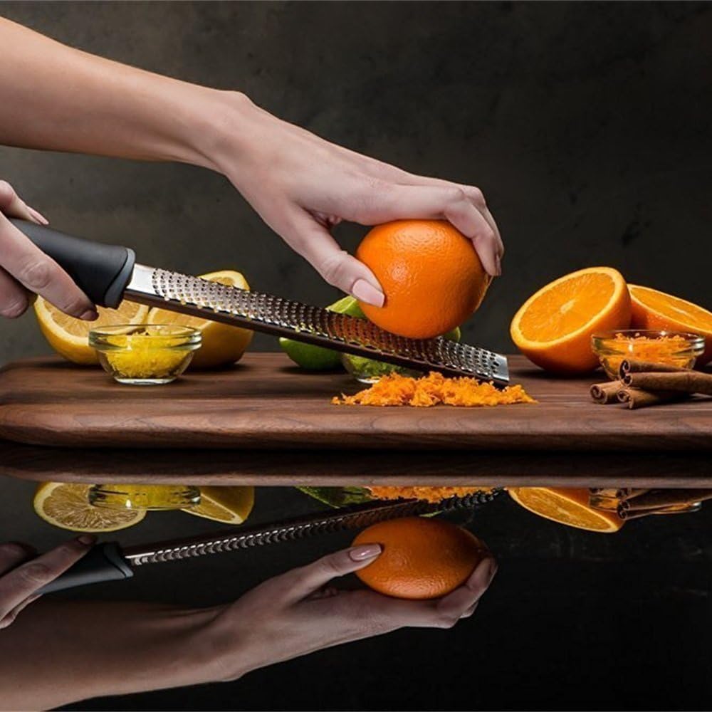 Wide Lemon Zester & Cheese Grater, 18/8 Stainless Steel with Cover, Black | Extra-wide Fine Grating Surface for Citrus, Parmesan, Ginger and Garlic, 18/8 Stainless Steel Blade, Non-slip Top Pads, Cover