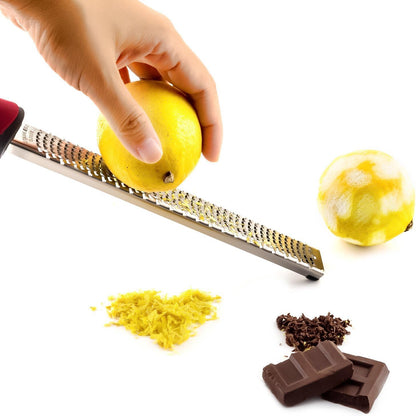 Wide Lemon Zester & Cheese Grater, 18/8 Stainless Steel with Cover, Black | Extra-wide Fine Grating Surface for Citrus, Parmesan, Ginger and Garlic, 18/8 Stainless Steel Blade, Non-slip Top Pads, Cover