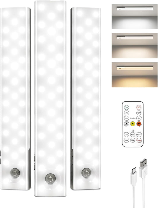 3-Pack Under Cabinet Lighting with Charging Station, 1800mAh Rechargeable Wireless Motion Sensor Lights, 3 Color Temps, Dimmable, Timer, Magnetic, with Remote Control for Kitchen, Closet