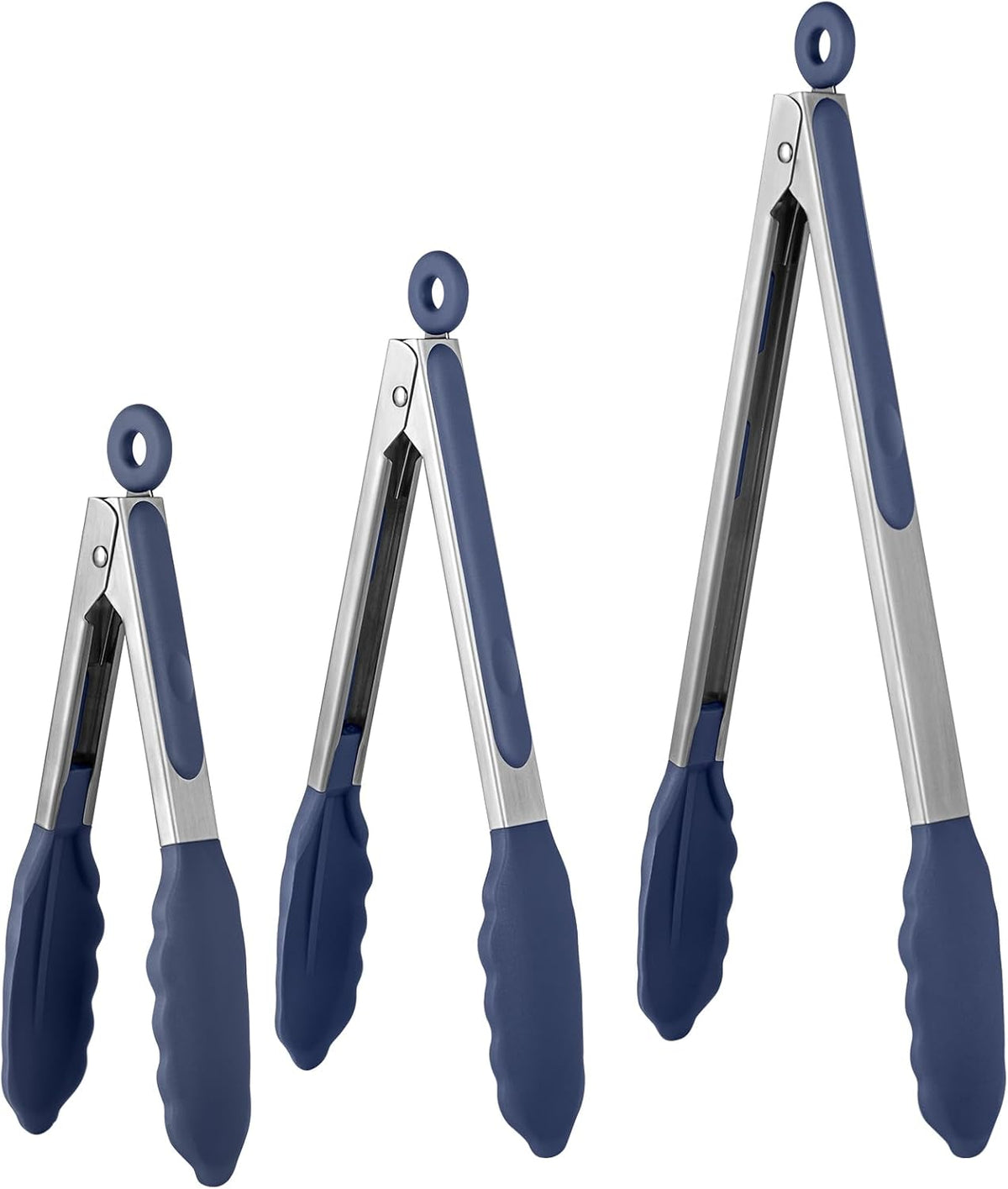 Kitchen Tongs for Cooking, 600ºF Heat-Resistant, 3Pcs/Midnight Blue | Silicone Tong Set 7/9/12in, Salad/Grill/BBQ Plastic Tongs for Food Serving, Rubber Thong with 18/8 Stainless Steel Handle