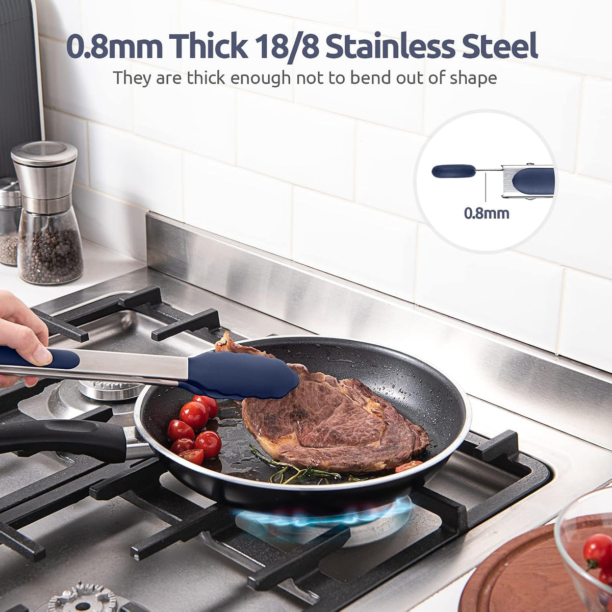 Kitchen Tongs for Cooking, 600ºF Heat-Resistant, 3Pcs/Midnight Blue | Silicone Tong Set 7/9/12in, Salad/Grill/BBQ Plastic Tongs for Food Serving, Rubber Thong with 18/8 Stainless Steel Handle