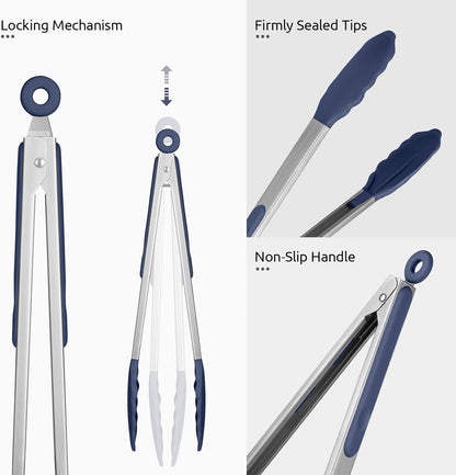 Kitchen Tongs for Cooking, 600ºF Heat-Resistant, 3Pcs/Midnight Blue | Silicone Tong Set 7/9/12in, Salad/Grill/BBQ Plastic Tongs for Food Serving, Rubber Thong with 18/8 Stainless Steel Handle