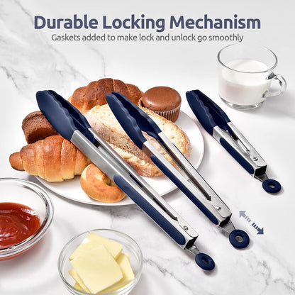 Kitchen Tongs for Cooking, 600ºF Heat-Resistant, 3Pcs/Midnight Blue | Silicone Tong Set 7/9/12in, Salad/Grill/BBQ Plastic Tongs for Food Serving, Rubber Thong with 18/8 Stainless Steel Handle