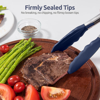 Kitchen Tongs for Cooking, 600ºF Heat-Resistant, 3Pcs/Midnight Blue | Silicone Tong Set 7/9/12in, Salad/Grill/BBQ Plastic Tongs for Food Serving, Rubber Thong with 18/8 Stainless Steel Handle