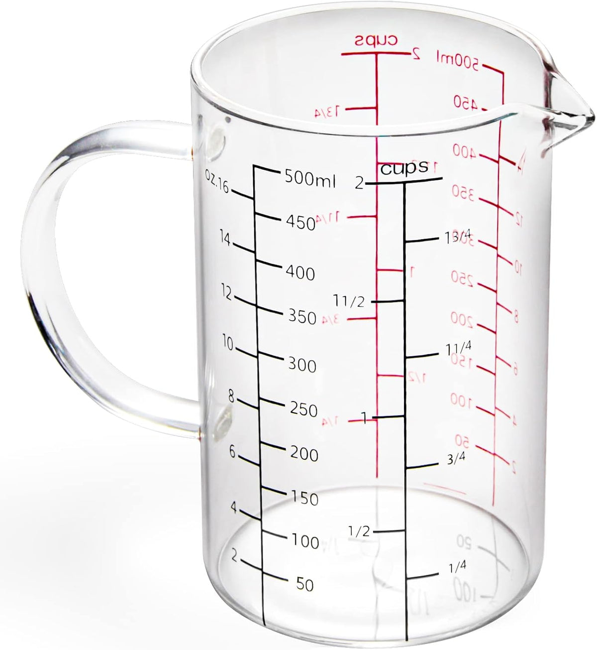 High Borosilicate Glass Measuring Cup with Handle, [Double-Sided Measuring Scale, V-Shaped Spout, Insulated handle], Glass Measuring Cup with Three Scales (OZ, Cup, ML) for Liquid (500 ML)