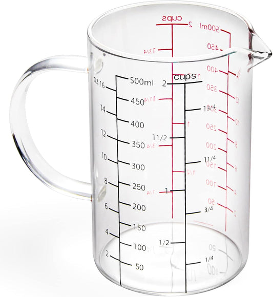 High Borosilicate Glass Measuring Cup with Handle, [Double-Sided Measuring Scale, V-Shaped Spout, Insulated handle], Glass Measuring Cup with Three Scales (OZ, Cup, ML) for Liquid (500 ML)