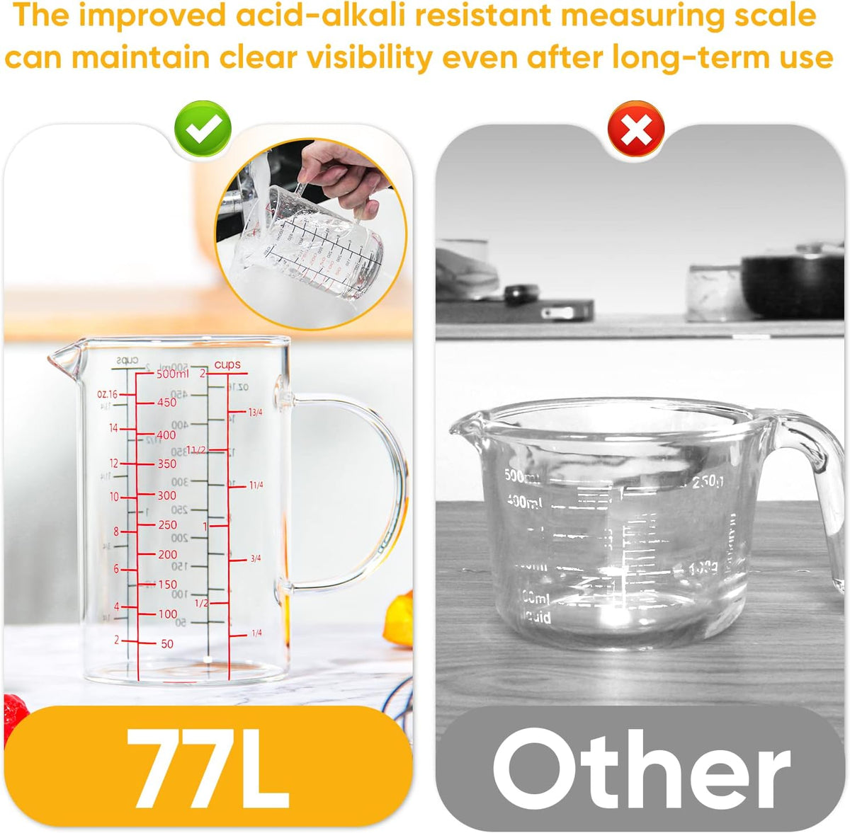 High Borosilicate Glass Measuring Cup with Handle, [Double-Sided Measuring Scale, V-Shaped Spout, Insulated handle], Glass Measuring Cup with Three Scales (OZ, Cup, ML) for Liquid (500 ML)
