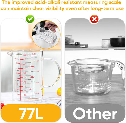 High Borosilicate Glass Measuring Cup with Handle, [Double-Sided Measuring Scale, V-Shaped Spout, Insulated handle], Glass Measuring Cup with Three Scales (OZ, Cup, ML) for Liquid (500 ML)