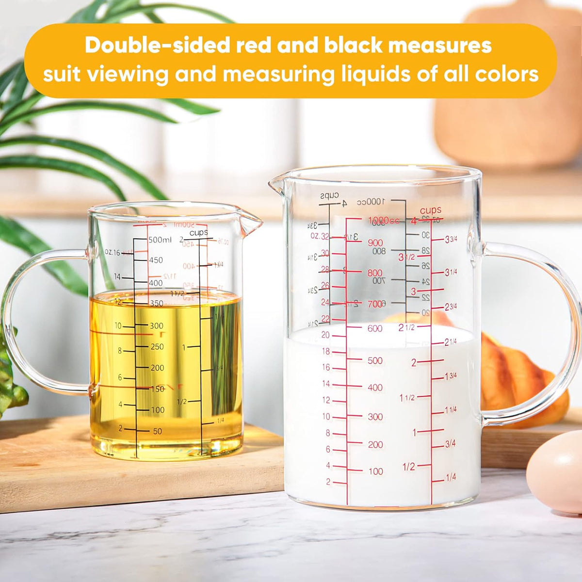 High Borosilicate Glass Measuring Cup with Handle, [Double-Sided Measuring Scale, V-Shaped Spout, Insulated handle], Glass Measuring Cup with Three Scales (OZ, Cup, ML) for Liquid (500 ML)