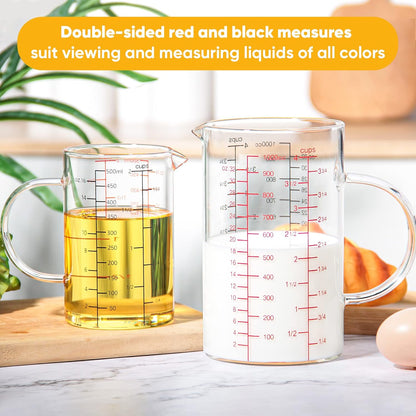 High Borosilicate Glass Measuring Cup with Handle, [Double-Sided Measuring Scale, V-Shaped Spout, Insulated handle], Glass Measuring Cup with Three Scales (OZ, Cup, ML) for Liquid (500 ML)