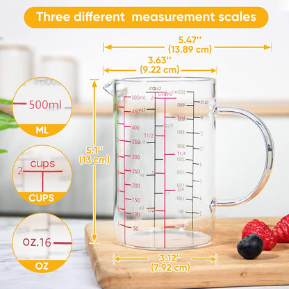 High Borosilicate Glass Measuring Cup with Handle, [Double-Sided Measuring Scale, V-Shaped Spout, Insulated handle], Glass Measuring Cup with Three Scales (OZ, Cup, ML) for Liquid (500 ML)