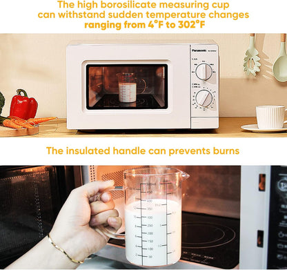 High Borosilicate Glass Measuring Cup with Handle, [Double-Sided Measuring Scale, V-Shaped Spout, Insulated handle], Glass Measuring Cup with Three Scales (OZ, Cup, ML) for Liquid (500 ML)