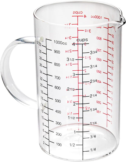 High Borosilicate Glass Measuring Cup with Handle, [Double-Sided Measuring Scale, V-Shaped Spout, Insulated handle], Glass Measuring Cup with Three Scales (OZ, Cup, ML) for Liquid (500 ML)