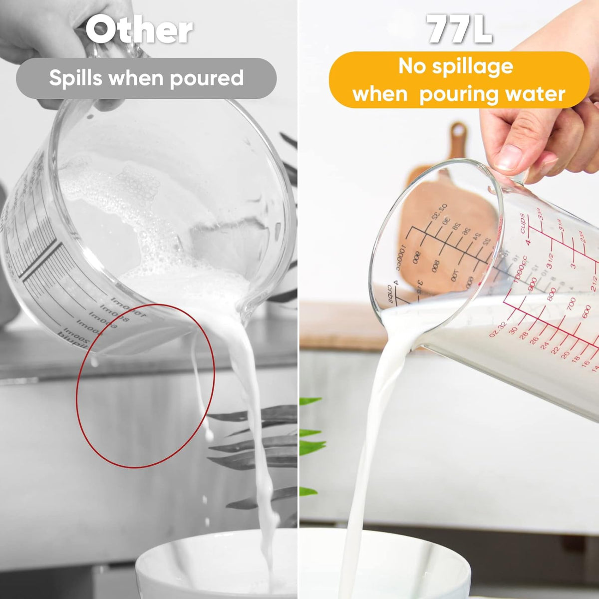 High Borosilicate Glass Measuring Cup with Handle, [Double-Sided Measuring Scale, V-Shaped Spout, Insulated handle], Glass Measuring Cup with Three Scales (OZ, Cup, ML) for Liquid (500 ML)