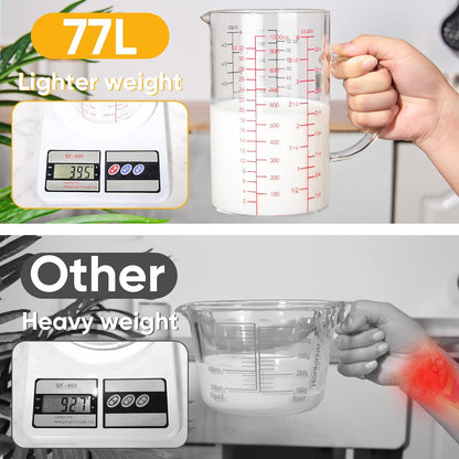 High Borosilicate Glass Measuring Cup with Handle, [Double-Sided Measuring Scale, V-Shaped Spout, Insulated handle], Glass Measuring Cup with Three Scales (OZ, Cup, ML) for Liquid (500 ML)