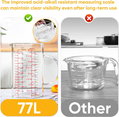 High Borosilicate Glass Measuring Cup with Handle, [Double-Sided Measuring Scale, V-Shaped Spout, Insulated handle], Glass Measuring Cup with Three Scales (OZ, Cup, ML) for Liquid (500 ML)