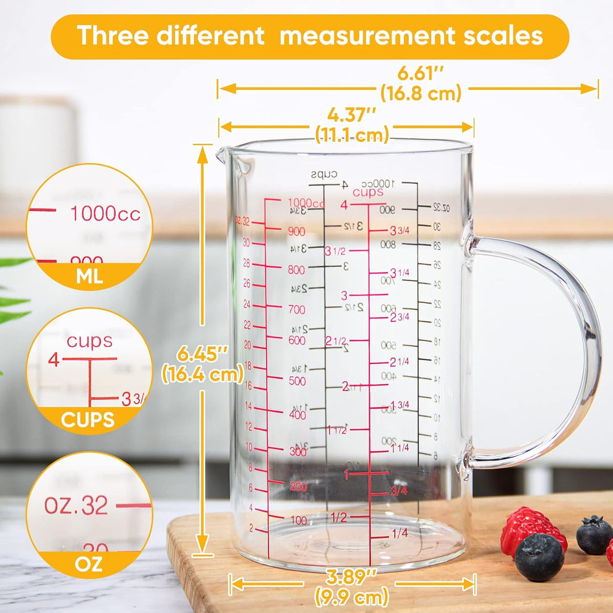 High Borosilicate Glass Measuring Cup with Handle, [Double-Sided Measuring Scale, V-Shaped Spout, Insulated handle], Glass Measuring Cup with Three Scales (OZ, Cup, ML) for Liquid (500 ML)
