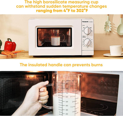High Borosilicate Glass Measuring Cup with Handle, [Double-Sided Measuring Scale, V-Shaped Spout, Insulated handle], Glass Measuring Cup with Three Scales (OZ, Cup, ML) for Liquid (500 ML)